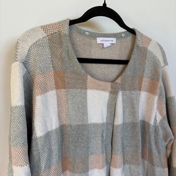 Liz Claiborne Plaid Fall Cardigan Long Soft Sweater Barncore Modest Neutral 2X - Picture 2 of 11